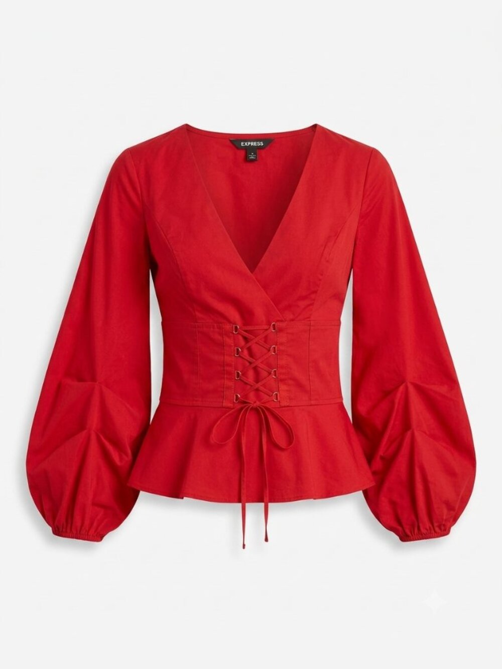 Express Red Corset Lace-Up Balloon Sleeve Peplum Top